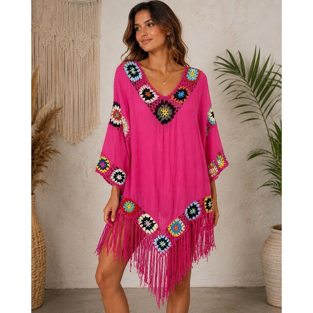 ASHA Pink Crochet Fringe Boho Tunic Cover Up Top Womens One Size